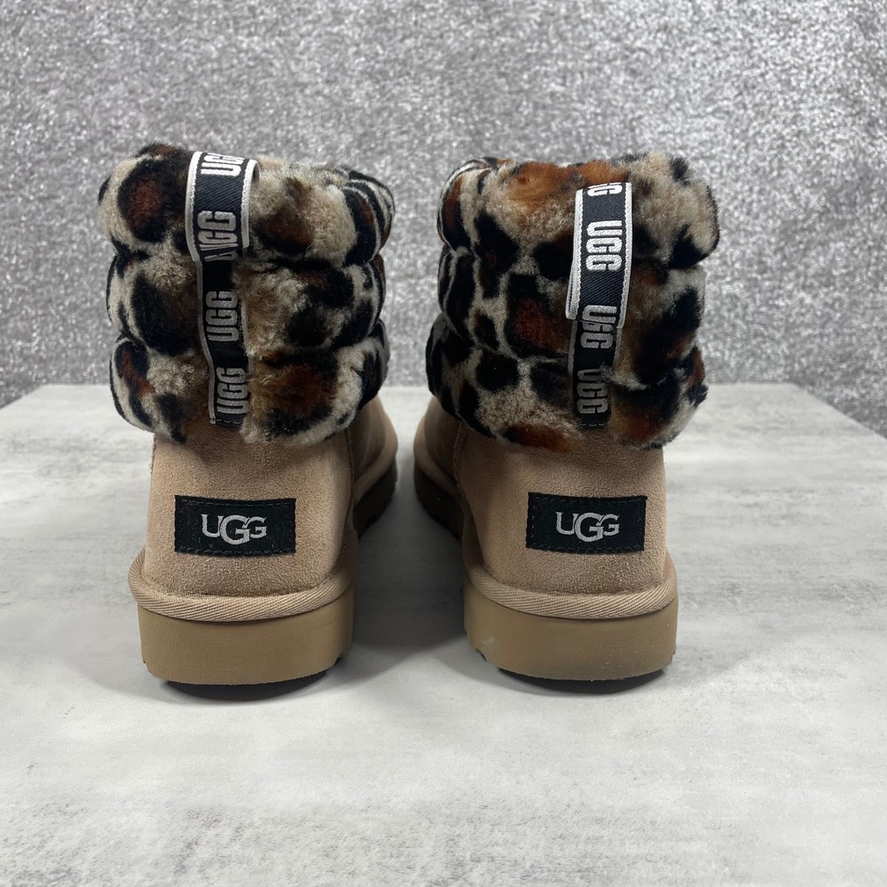 UGG Boots Womens 8 Fluff Mini Quilted Leopard Short Chestnut Tan Sheepskin - Picture 5 of 12